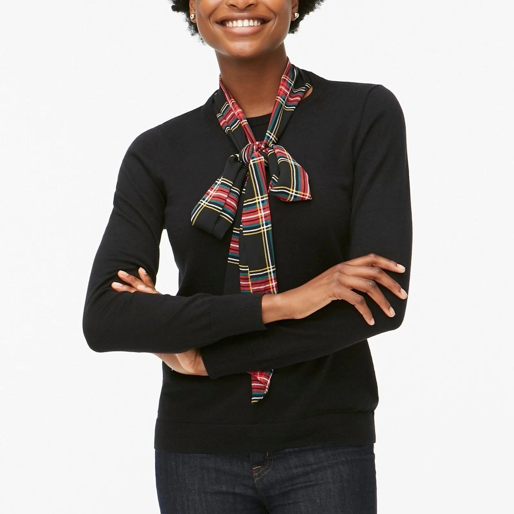J.Crew Tie Neck Sweater Womens XL Merino Wool Tartan Plaid Scarf Winter Holiday